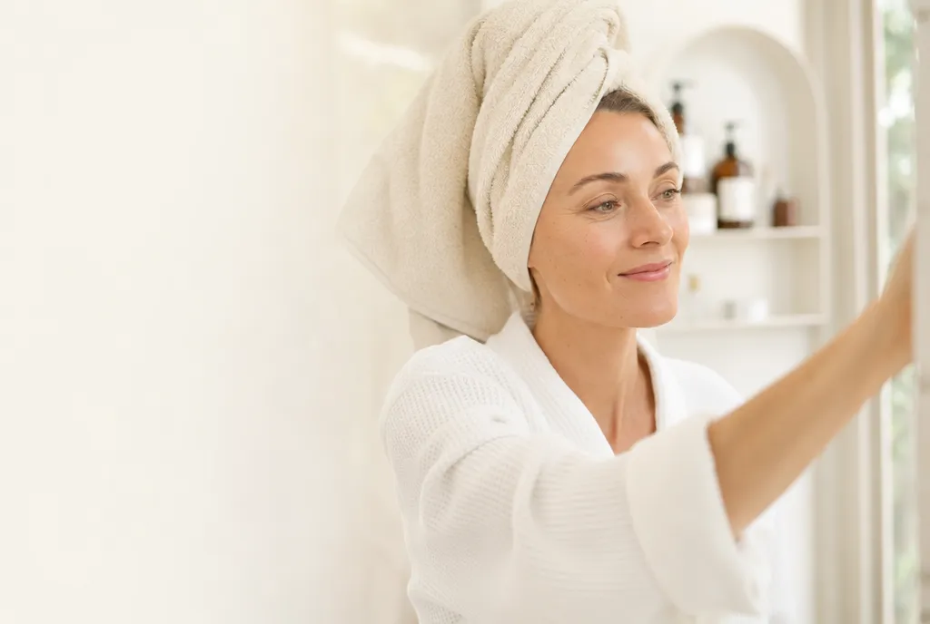 Woman in her 40s placing a Konsilee silicone shower caddy on the tiled wall of a modern Australian bathroom