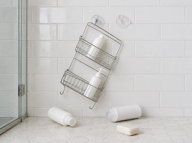 Before: shampoo bottles crowded on the shower floor after a suction caddy failed